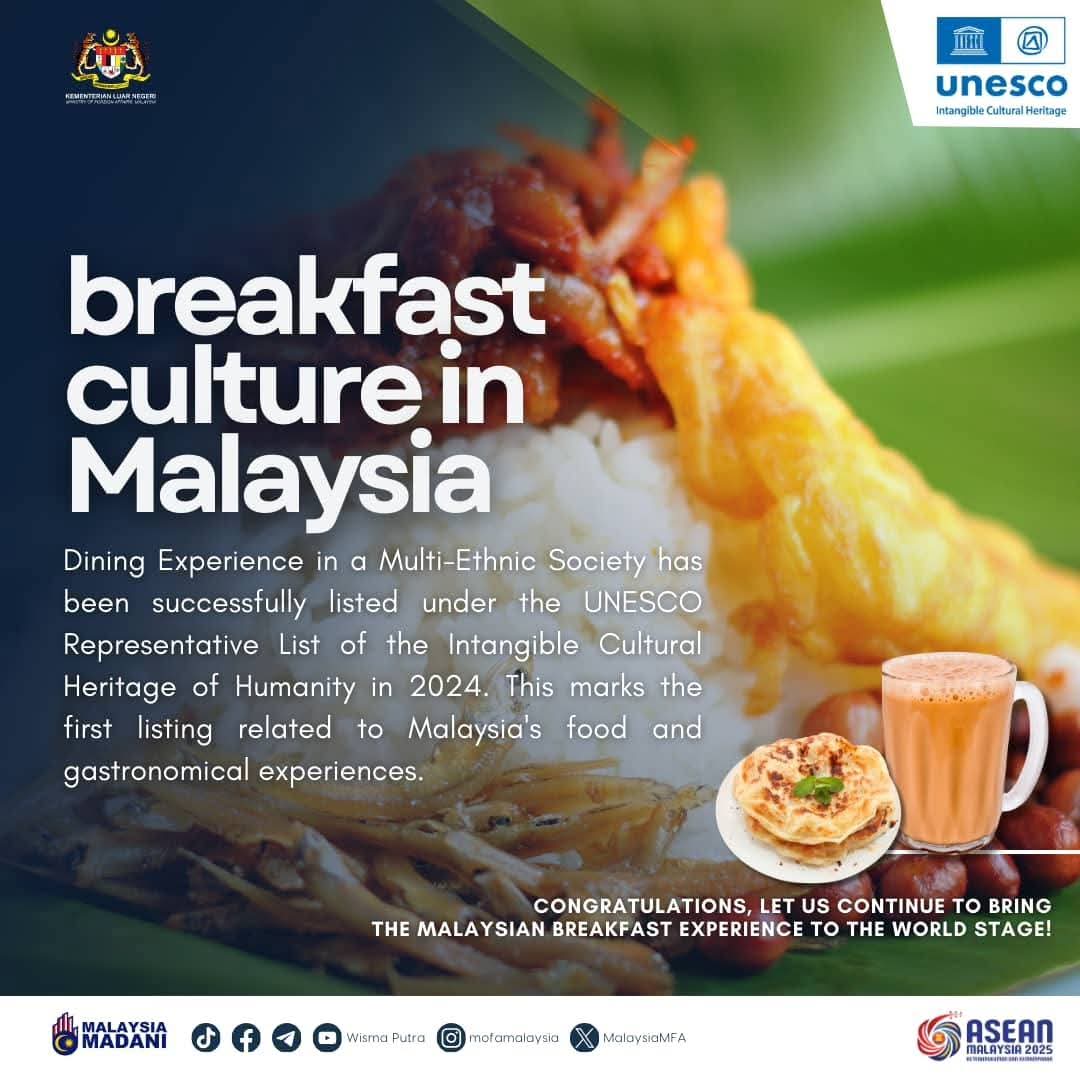 MalaysiaMFA's tweet photo. Sarapan Malaysia beragam aneka
Etnik bersatu menjamu rasa
Diangkat UNESCO ke persada dunia
Selera kita, kebanggaan kita. 

Budaya Sarapan Malaysia kini diiktiraf UNESCO. Selera kita, selera dunia 🌾 https://t.co/8hRWLYZAbF