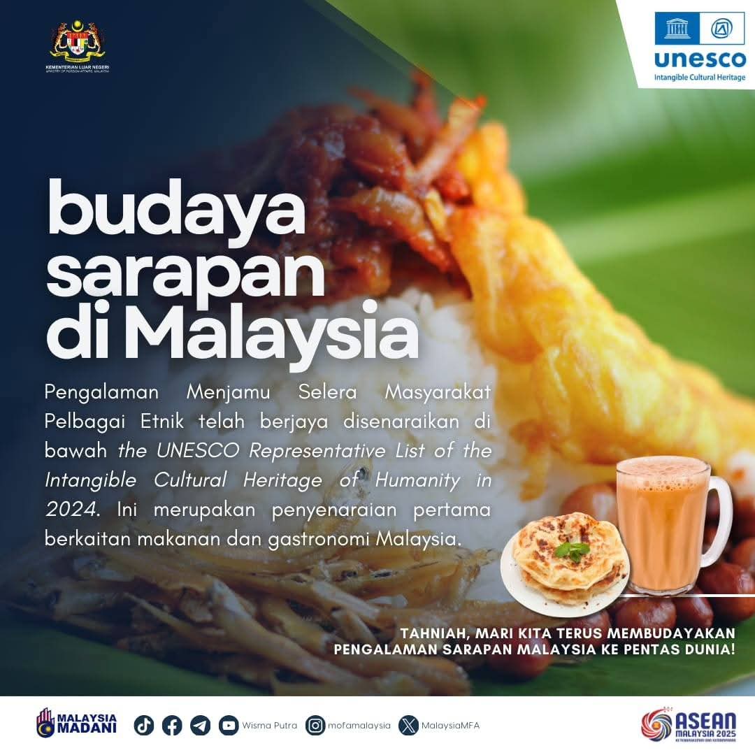 MalaysiaMFA's tweet photo. Sarapan Malaysia beragam aneka
Etnik bersatu menjamu rasa
Diangkat UNESCO ke persada dunia
Selera kita, kebanggaan kita. 

Budaya Sarapan Malaysia kini diiktiraf UNESCO. Selera kita, selera dunia 🌾 https://t.co/8hRWLYZAbF