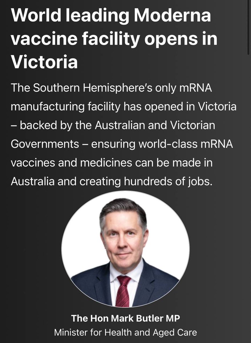craigkellyAFEE's tweet photo. Around the world, everyday more medical professionals are calling for the suspension of the mRNA vaccines. 

But in Australia, the Government has partnered with Moderna and they are "celebrating" the opening of a mRNA vaccine factory in Melbourne. 

With an election around the corner, the government would rather put Australians’ health  at risk, than lose the publicity from opening the new mRNA factory.