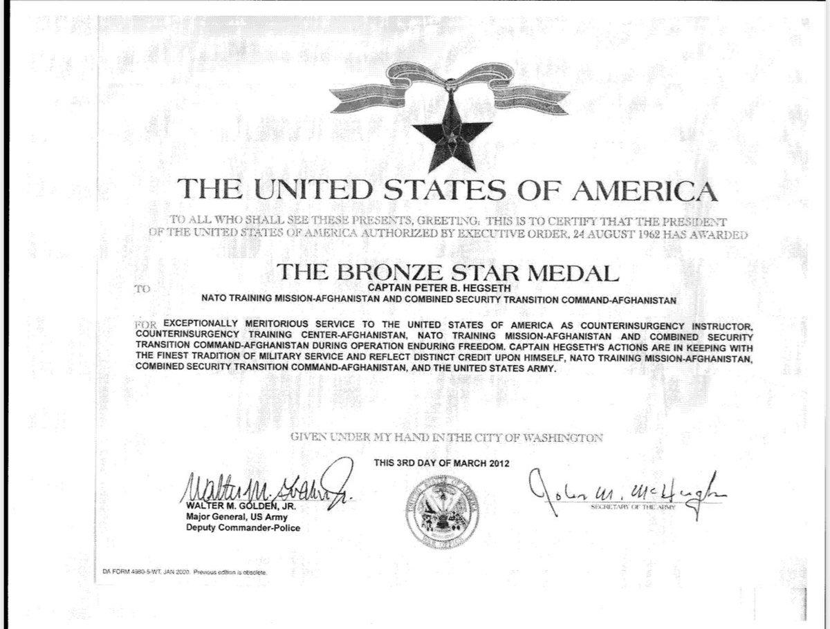 JimLaPorta's tweet photo. Respectfully, the difference between these two WaPo articles is the difference between a veteran turned reporter @AlexHortonTX and a reporter without an intimate knowledge of the military awards system. (Separate from Hegseth) there’s a lot of nuance between medals and it’s not just the Bronze Star. It’s true of lower ranked medals that can also be given for combat valor or a significant career achievement. It also extends to combat badges and the combat action ribbon (CAR)—for example: a person can receive a CAR from bullets coming within inches of their head. Another person, say on a surface ship, can receive the same ribbon for incoming rockets shot inside of 5 miles of the ship (USS Carney in Red Sea). Not to say both examples don’t merit the award but there’s a difference. Ultimately, the awarding of medals is definitely not an exact science. For example: the differences between Hegseth’s Bronze Star and Rep. Nehls Bronze Star. Hope this provides some insight, not meant to be a commentary on Hegseth’s medals.