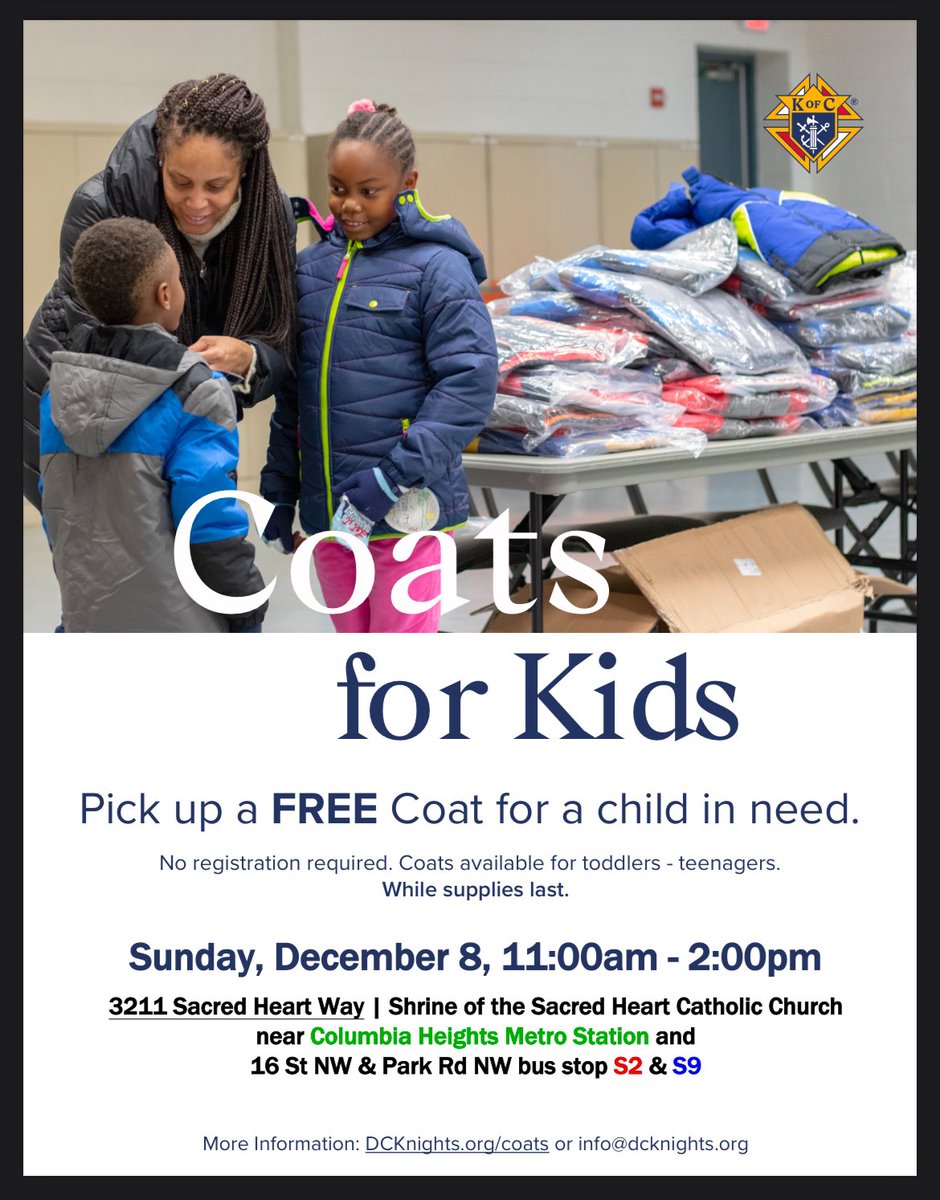 dckofc's tweet photo. On Sunday, Dec. 8, 2024, we will be distributing FREE Coats for Kids in the Gavan Center at the Shrine of the Sacred Heart in Columbia Heights from 11am-2pm. No registration required. 

Sizes available for toddler to teenagers. Available as long as supplies last. https://t.co/UVGr1hBG6F