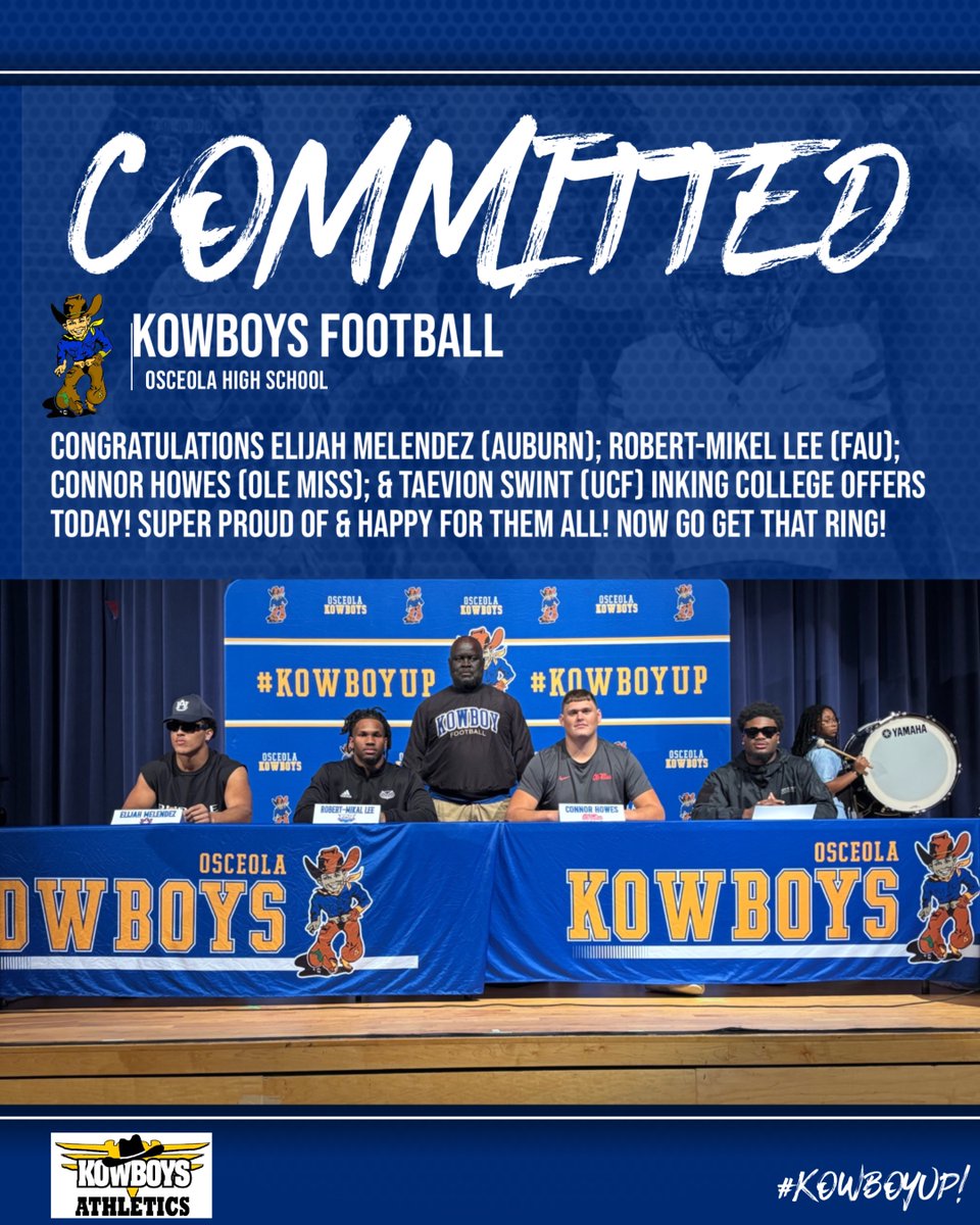 Kowboys Athletics (@kowboyathletics) on Twitter photo BIG Congratulations to E.Melendez; R. Lee; C.Howes & T.Swint signing their NLI's today! Great opportunities await you all & we're so proud of you! #KowboyUp! <a href="/osvarsity/">Sentinel Varsity</a> <a href="/sdocathletics/">SDOC ATHLETICS</a> @osceolasports <a href="/positiveosceola/">Positively Osceola</a> BIG Congratulations to E.Melendez; R. Lee; C.Howes & T.Swint signing their NLI's today! Great opportunities await you all & we're so proud of you! #KowboyUp! <a href="/osvarsity/">Sentinel Varsity</a> <a href="/sdocathletics/">SDOC ATHLETICS</a> @osceolasports <a href="/positiveosceola/">Positively Osceola</a>