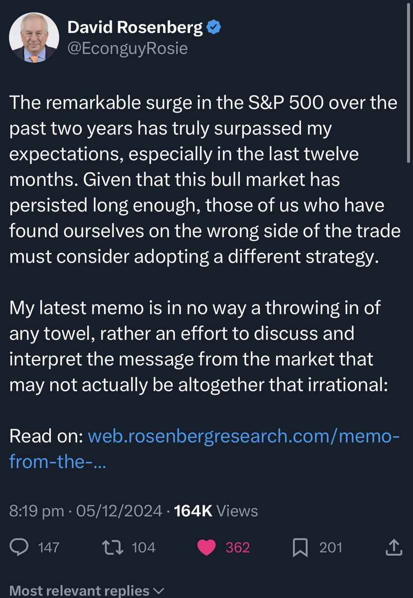 AnthPB's tweet photo. …he's not the most egregious, but this guy was a (mere) prince of the permabears – David Rosenberg capitulates:

'the remarkable surge in the S&amp;P 500 over the past two years has truly surpassed my expectations, especially in the last [16 years]'

#permas #Rosie https://t.co/W6tYjL77Cv