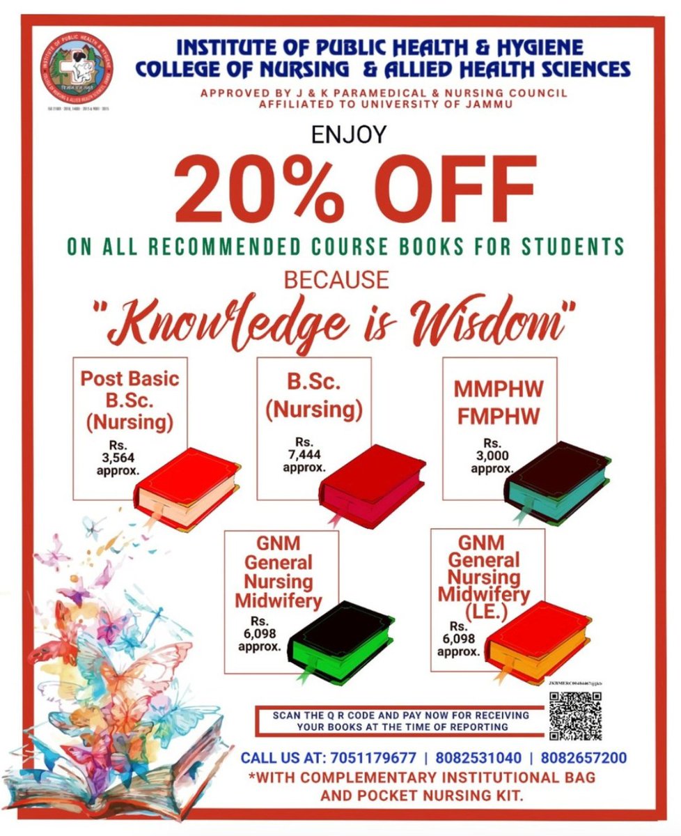 IPHHJammu's tweet photo. Attention IPHH Jammu students! π
Get 20% OFF on ALL recommended course books! Because "Knowledge is Wisdom." π§
Plus, receive a complimentary Institutional bag and pocket Nursing kit π©Ί with your purchase.
π 7051179677 | 8082531040
#IPHHJammu #StudentDiscount #NursingKit https://t.co/6SVRjDIj1V