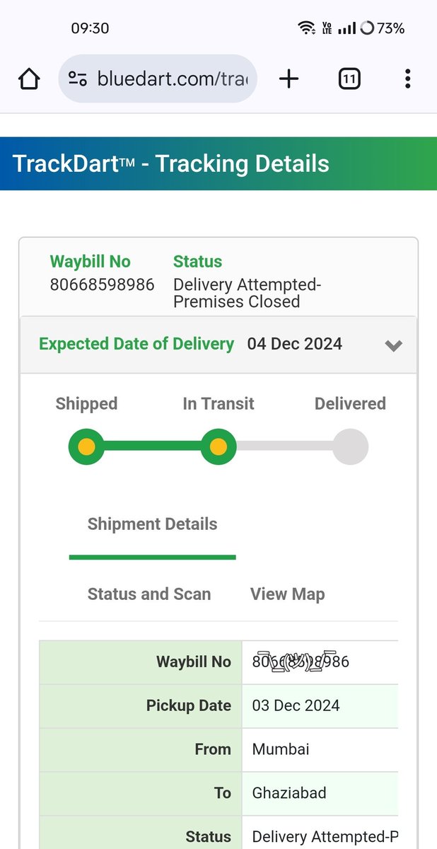 ComeOnSense21's tweet photo. @BlueDartCares @BlueDart_ 

This is happening twice with bludart services, status shows delivery attempted &amp; premises closed while no one tried and no communication available to connect with any delivery agent. Seems made a regular procedure. #help https://t.co/MgIG2cEDtL