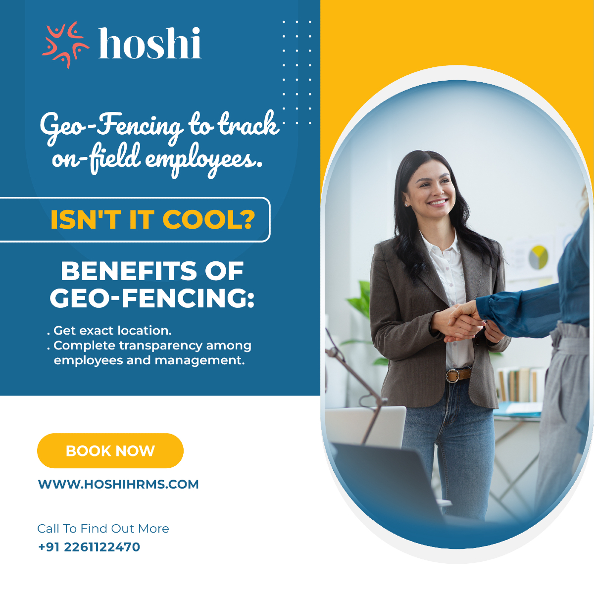 hoshihrms's tweet image. 🌍 Geo-Fencing Made Simple with Hoshi HRMS 🗺️
Track your on-field employees effortlessly and enjoy these benefits:
📍 Get precise location updates
🔍 Ensure complete transparency between employees and management
#GeoFencing #EmployeeTracking #HoshiHRMS #HRTech #OnFieldEfficiency