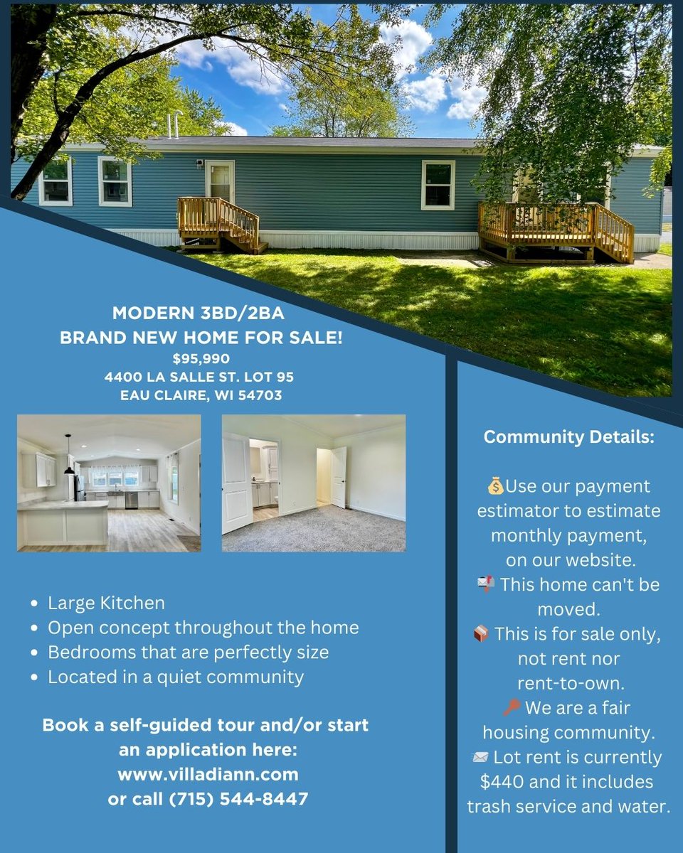 HillcrestAlt's tweet photo. Modern singlewide mobile home featuring a clean and bright interior design for sale!
4400 La Salle St. Lot 095, Eau Claire, WI, 54703
3 Bed 2 Bath 1,140 Sqft
Sale Price: $95,990 Lot Rent: $440/mo
https://t.co/LD4eAvxASX
#mobilehome #altoonawi #Wisconsin #smallhomes https://t.co/I5diICpdiY