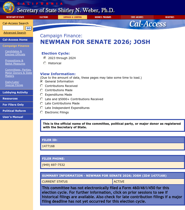 CATargetBot0001's tweet photo. NEW CAL-ACCESS 2026 SEN FILING
NEWMAN FOR SENATE 2026; JOSH
https://t.co/oi0oSWh4gP https://t.co/8Tz83HImjL