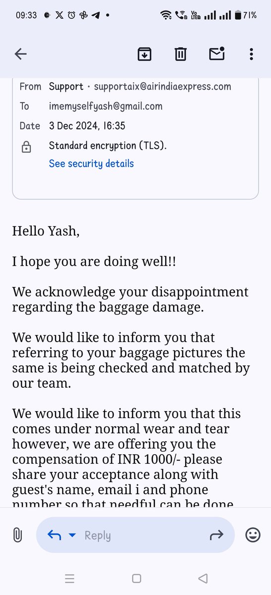 Yashisnoone's tweet photo. @Ministry_CA @AirIndiaX
Is this a joke to you? so new luggages go through wear and tear in 2 months of use? and instead of apologising for the same you guys are acting as if you are doing me a favour by offering Rs 1000. its nothing against the damage done. https://t.co/Rb0QIwI3UK