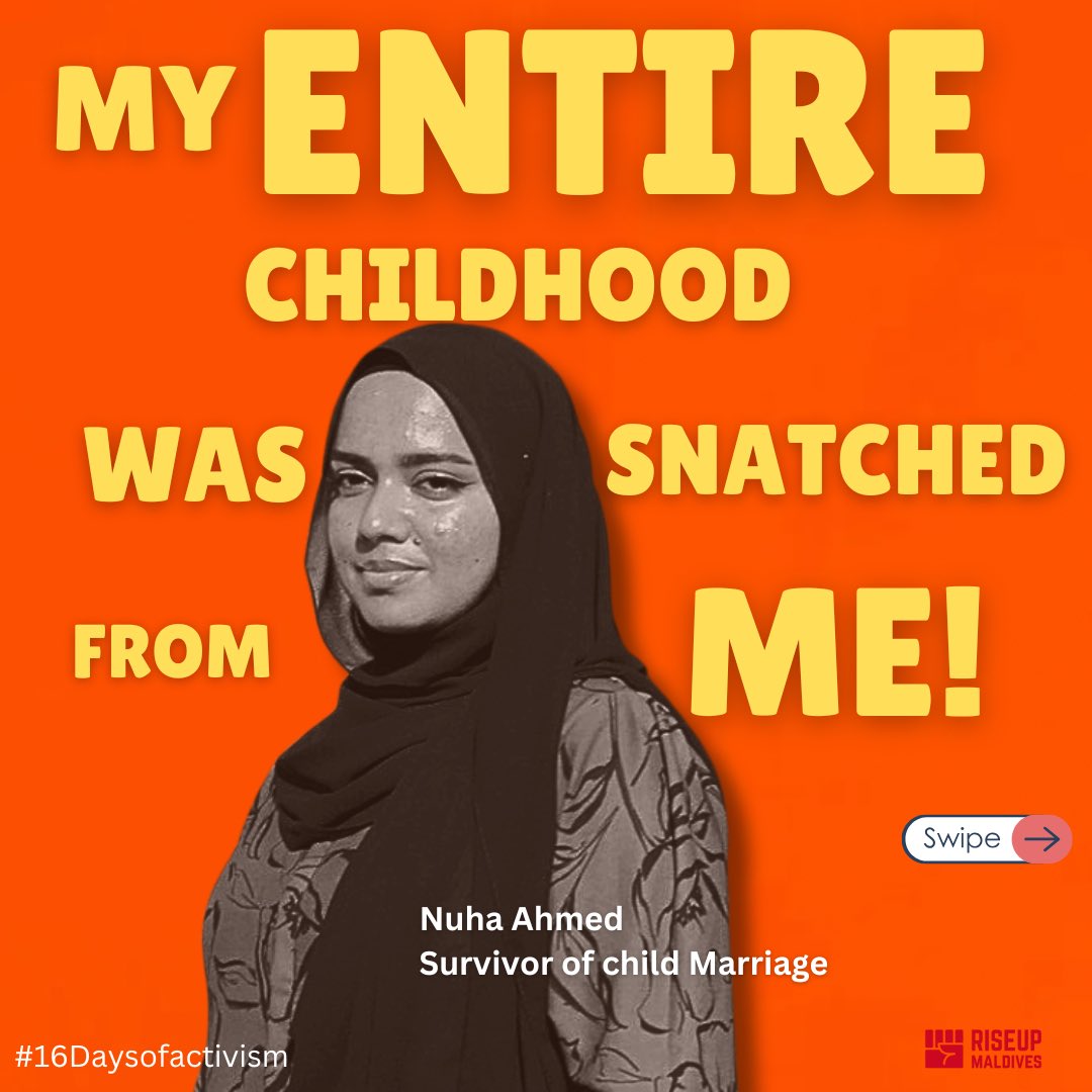 MvRiseUp's tweet photo. Child marriage is not a thing of the past. Let’s Join Nuha in raising awareness &amp; standing up for those whose voices have been silenced. Together we can break the cycle &amp; create a future where every child has the right to dream, learn &amp; grow.

#16daysofactivism #Endchildmarriage https://t.co/AHf2gO17yd