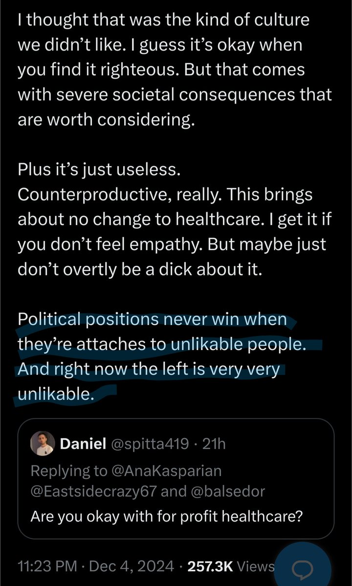NotNotheng's tweet image. Wait, so @AnaKasparian  thinks $UHC &amp;amp; healthcare CEOs are likable? Does she think she's likeable at this rate? Who is the arbiter of likability? If this popularity contest has mass murderers &amp;amp; their enablers as the judges, then I'm proud to be unlikable. #m4a #delaydenydefend