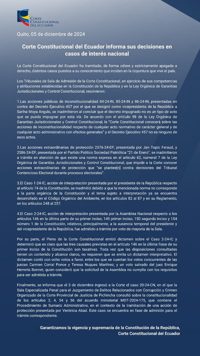Por la sombrita. La Corte Constitucional no dio paso a la interpretación que pidió la presidenta de la Asamblea, Viviana Veloz, respecto a las normas que se aplican en caso de ausencia temporal del Presidente, porque todo está claro. Y también inadmitió la acción presentada en