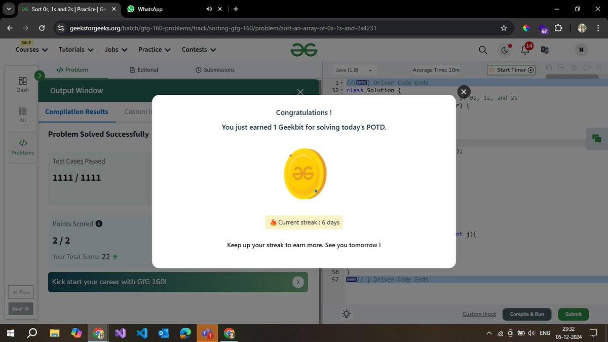 iamnidhisha's tweet photo. Completed My Sixth Day Streak by Solving the Sorting 0s, 1s, and 2s Problem! 🔢✨
Today’s challenge was to sort an array consisting only of 0s, 1s, and 2s in ascending order. #GeekStreak2024 #GFG160 #SortingChallenge #TechChallenge #ProblemSolving https://t.co/hKqyS0w9kH
