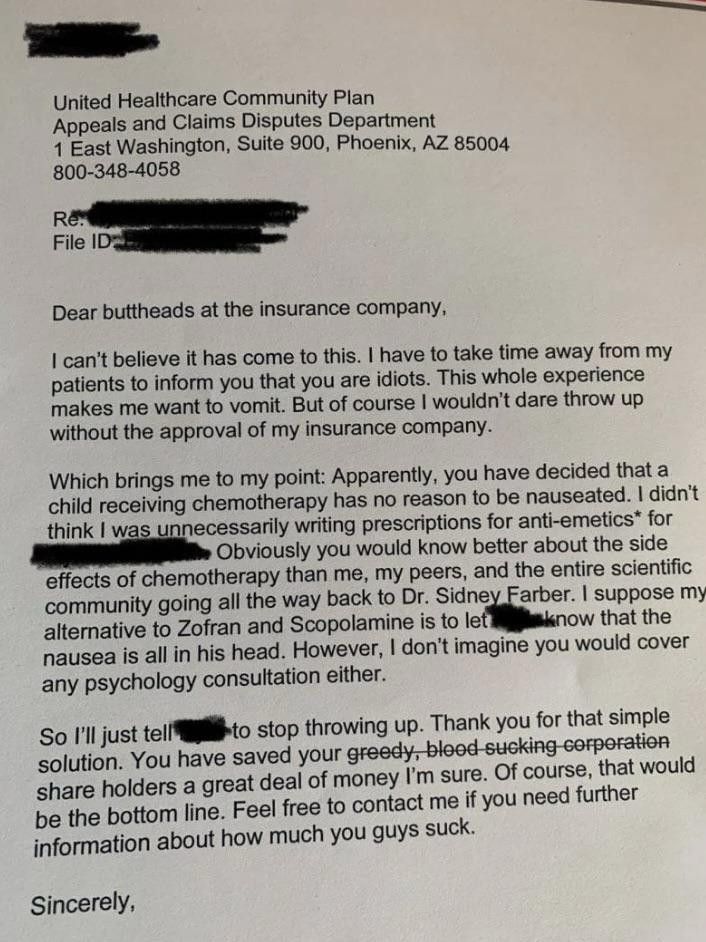 SgtTibbles's tweet photo. A doctor’s letter to United Healthcare for denying nausea meds for a child on chemo.
#UnitedHealthcare https://t.co/QkKcY0yriP