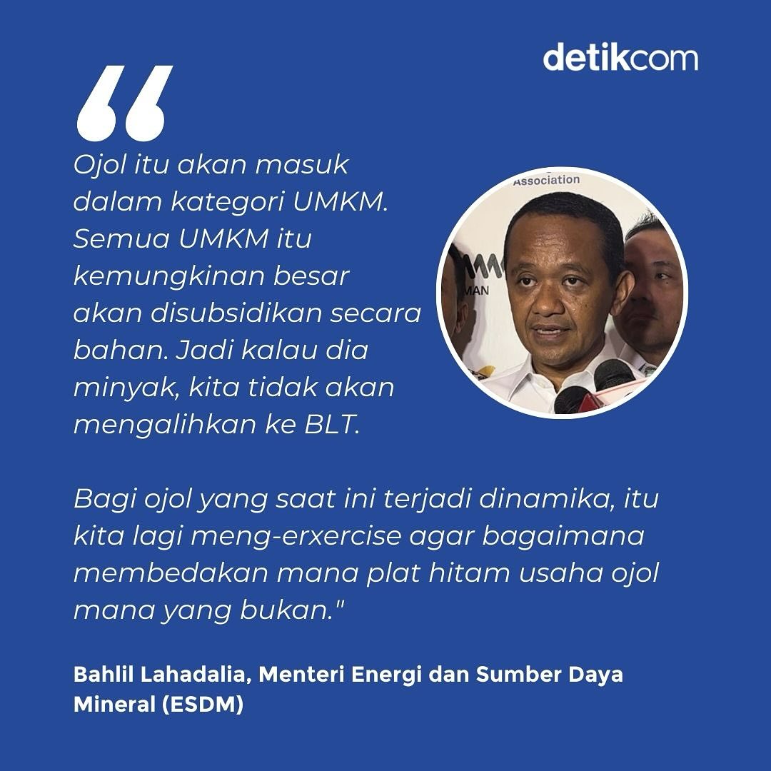 detikoto's tweet image. Menteri ESDM, Bahlil Lahadalia kasih sinyal ojol tetap masuk kriteria penerima BBM subsidi, nih detikers!

Menariknya, subsidi untuk 'pasukan hijau' tersebut bukan dalam bentuk BLT, melainkan dengan skema UMKM.

#detikcom #Ojol #OjekOnline #Subsidi #SubsidiBBM #BahlilLahadalia