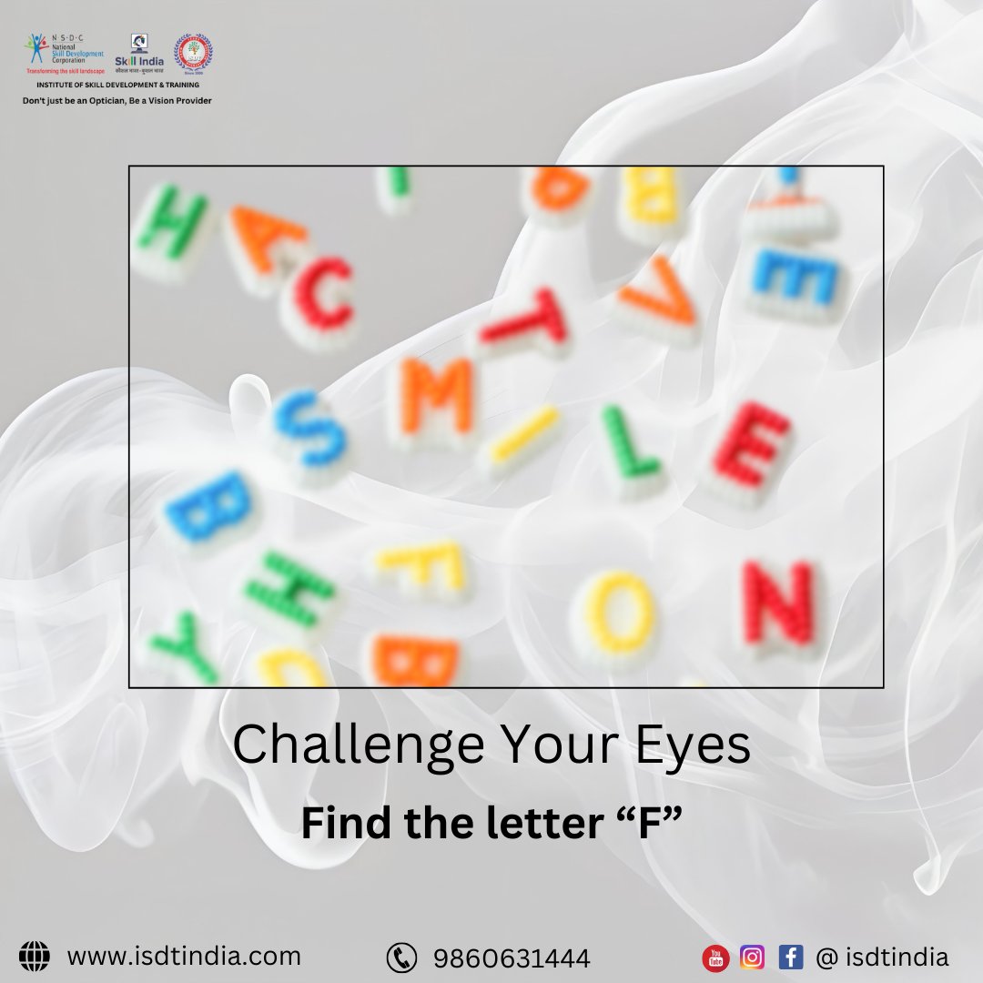 InstituteofSki1's tweet image. 🧐 Can your eyes spot the hidden letter ‘F’? Test your focus and challenge your vision now! 👁️✨
#EyeChallenge #VisionTest #FocusYourEyes #OpticalCare #ISDTINDIA