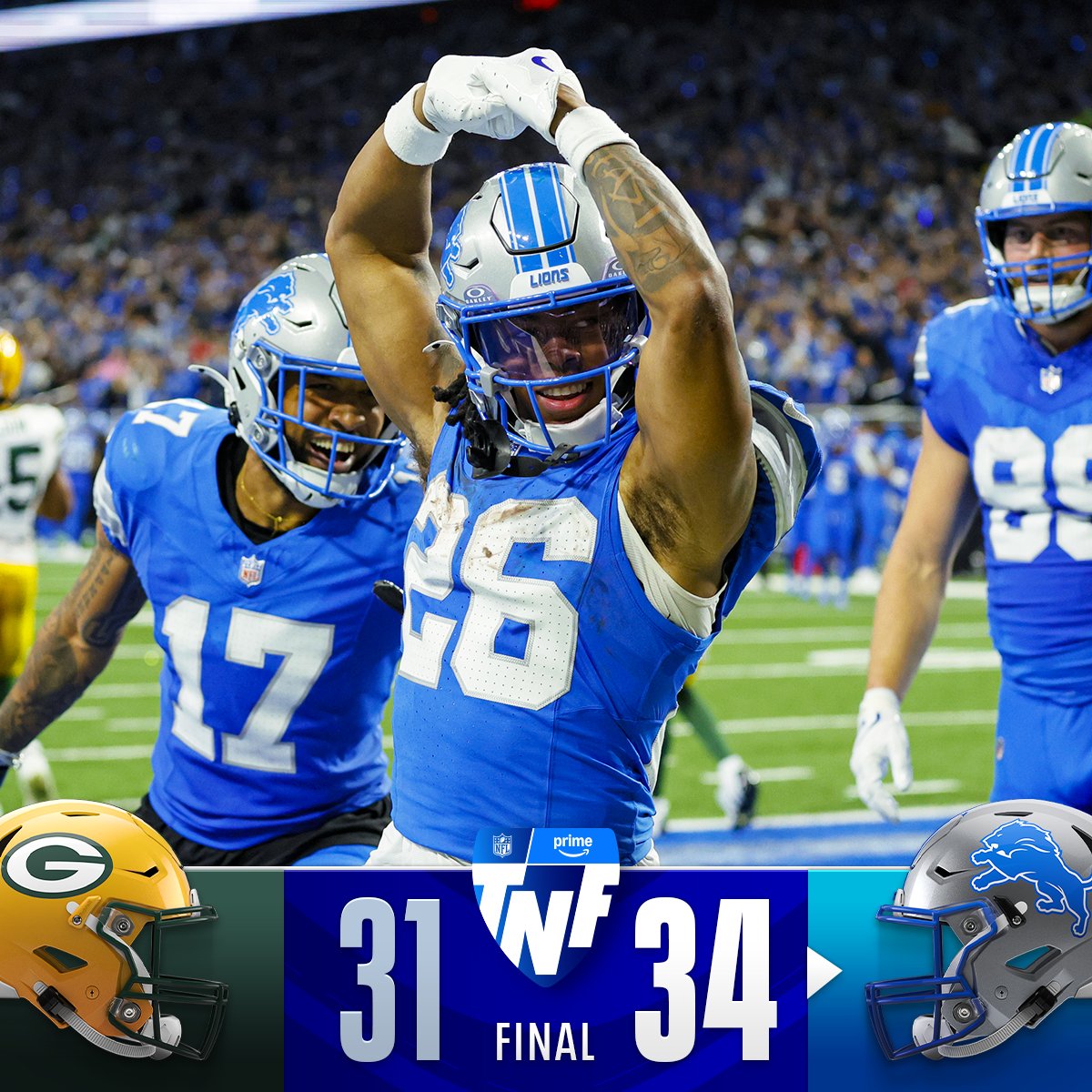 NFLFrance's tweet photo. 🏈 Les @Lions sweep les Packers lors d'un TNF passionnant et se qualifient pour les playoffs ! #OnePride

11e victoire consécutive pour Detroit, grâce à un doublé de Tim Patrick.

Green Bay tombe malgré le triplé de Josh Jacobs. https://t.co/lATySAepgU
