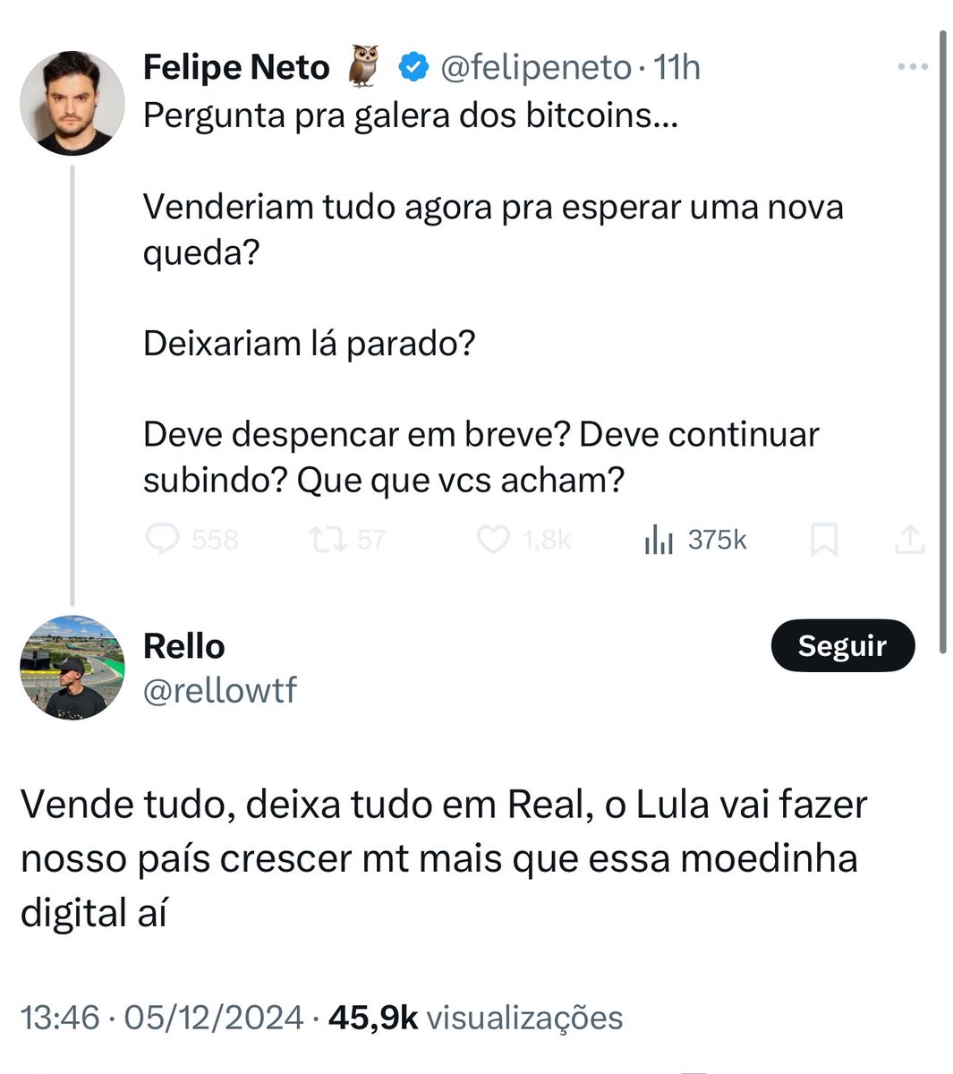 O cara apoia o DESGOVERNO para deixar o pobre mais miserável e vai lá  comprar bitcoin. Confia que é pela democracia kkkkkkkkkk 🤡