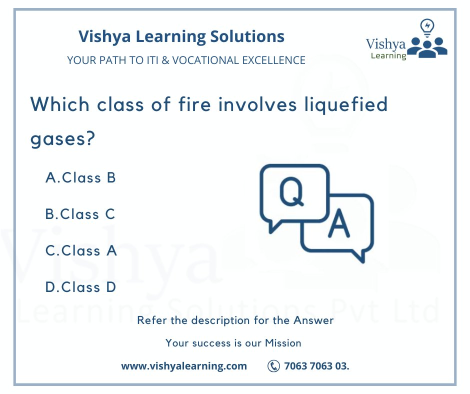 VishyaLearning's tweet image. Which class of fire involves liquefied gases?

Ans: B

Refer: vishyalearning.com for more Q &amp;amp; A

#FireSafety #ClassBFire #FlammableGases #FireAwareness #SafetyFirst #FirePrevention #LiquefiedGases #FireHazards #SafetyTraining #vishyalearning #vishya #iti  #ItIsPossible