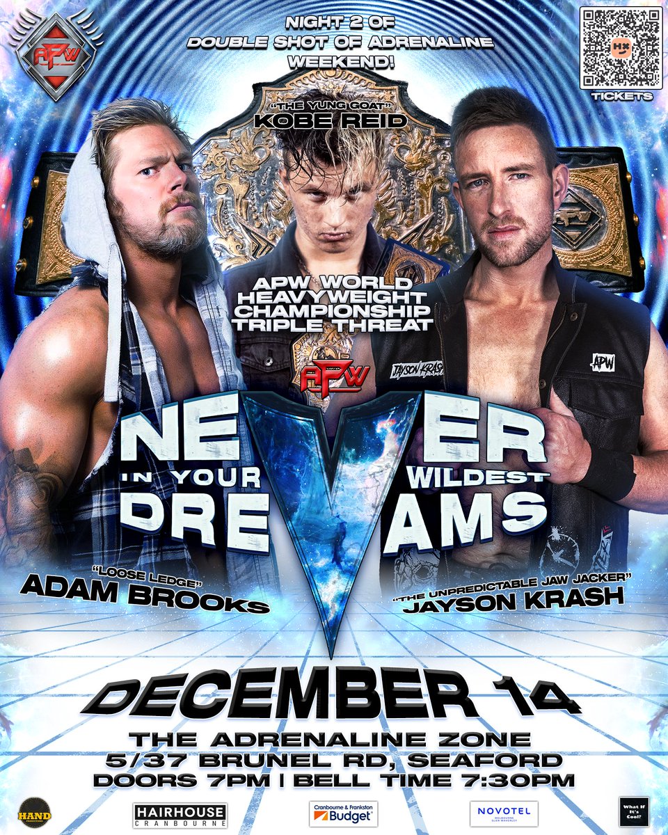 AdrenalinePW's tweet photo. The main event of #NIYWD5 will be a massive triple threat bout for the APW World Heavyweight Championship between @kobereidtyg, @theadambrooksy, and Jayson Krash! 🔥
Regret interfering in that no. 1 contender match at #APWLegacy now, champ?
Over 50% sold already! 🎟 link in bio https://t.co/XP5lWpncj1