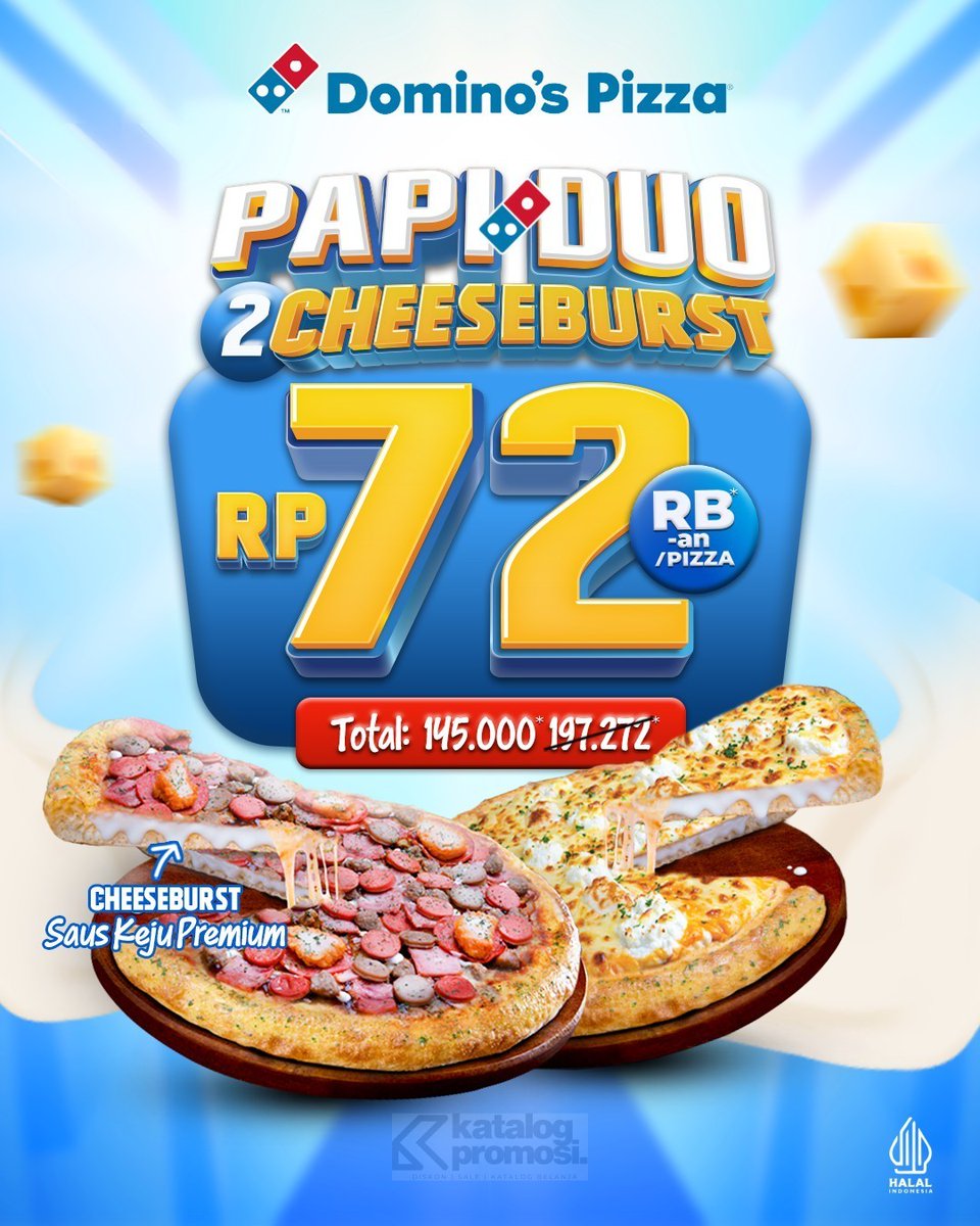 katalogpromosi's tweet image. Cheeseburst Pizza siap bikin kamu #TERKEJUKEJU! 😋 Dapetin 2 Medium 'PAPI DUO' Cheeseburst lebih hemat! Topping daging atau keju, pasti enak banget! 🍕🧀 Jangan sampai ketinggalan! 
katalogpromosi.com/promo-dominos-…

#PizzaPromo #CheeseburstPizza