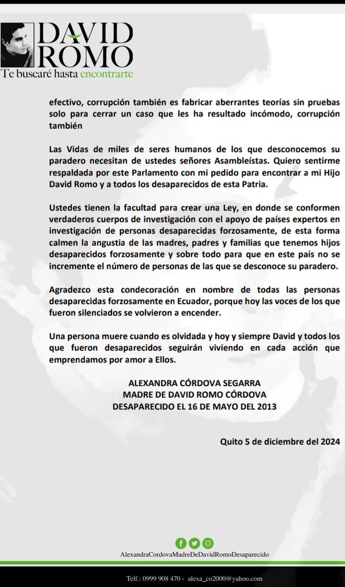 Gracias <a href="/natalymorillos/">Nataly Morillo Solórzano</a> y @ElShungo por ayudarme a que #DavidRomo sea tratado en la subcomisión de Verdad y Justicia. Las personas desaparecidas requieren de ustedes <a href="/AsambleaEcuador/">Asamblea Nacional</a> <a href="/EGuzmanurresta/">Jhajaira Urresta DDHH</a> @InesAlarconB <a href="/acastropiedra/">Adrian Castro (El ShunGo)</a> <a href="/AnitaMGalarzaA/">Anita Galarza</a> <a href="/ArduinoTomasi/">A</a> <a href="/DanielNoboaOk/">Daniel Noboa Azin</a>