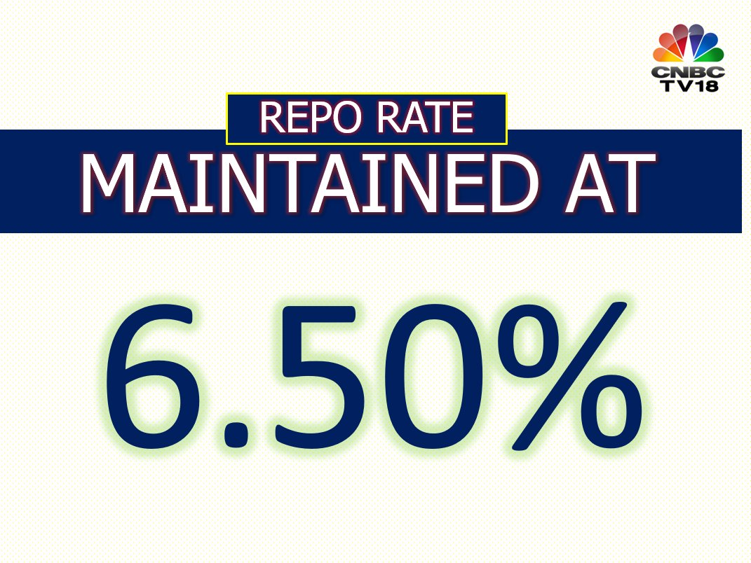 CNBCTV18Live's tweet photo. #RBIPolicy | #RBI maintains #RepoRate at 6.50% for the 11th consecutive meet 

#RBIGuv #ShaktikantaDas https://t.co/s1P8GP3Qfx
