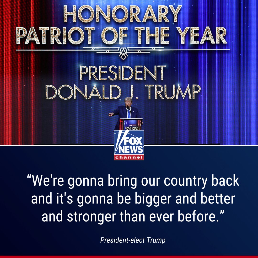 'IT'S A GREAT HONOR': President-elect Trump accepts FOX Nation's "Patriot of the Year" award — and says "we're gonna be very proud of our country again" once he is sworn into office. trib.al/wiHUpUl