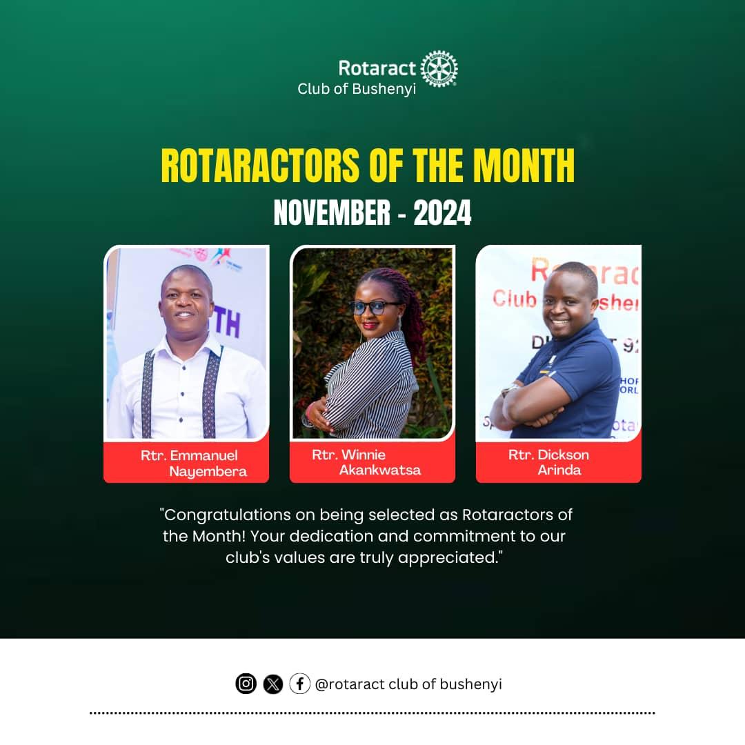 RctofBushenyi's tweet photo. 🎉 Rotaractors of the Month 🎉

We are thrilled to recognize &amp; celebrate the outstanding contributions of these exceptional members of the Club.
 
🌟 Rtr. @ENayebembera
🌟 Rtr. @akawinnie12
🌟 Rtr. @Arinda_Dickson

Your dedication, passion for service continue to inspire us all. https://t.co/plHIOmmH9I