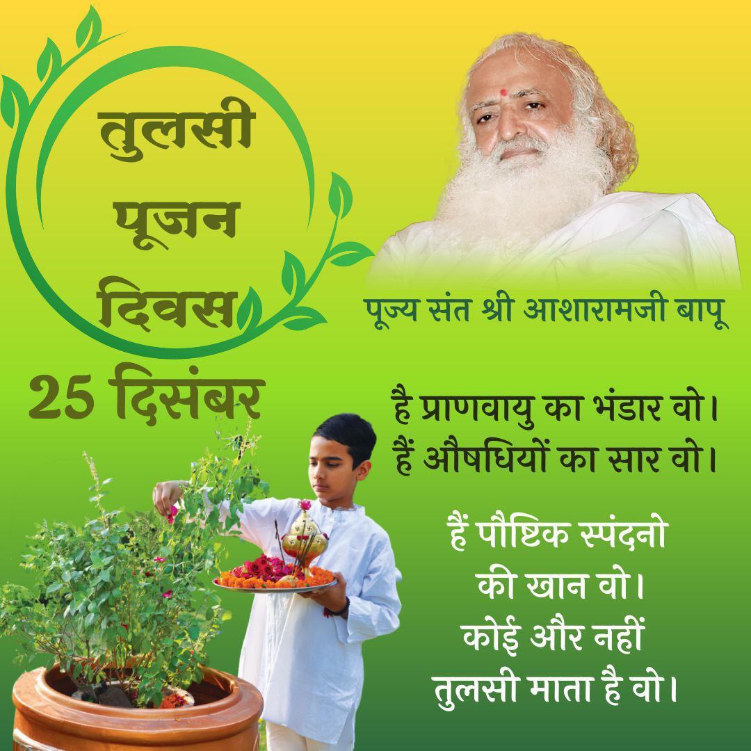Sant Shri Asharamji Bapu बताते हैं धर्मशास्त्रों में आता है जिस घर में तुलसी का वास होता है वहां दरिद्रता नही रहती उनकी सत्प्रेरणा से देशभर में 25 दिसम्बर को #TulsiPujanDiwas मनाया जाने लगा है। तुलसीपूजन से सुख समृद्धि और आरोग्य की प्राप्ति होती है।Priceless Gift