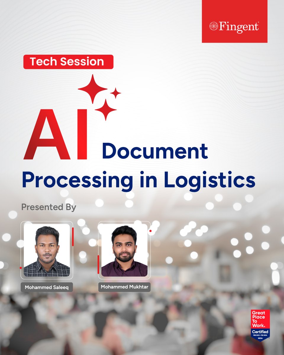Fingent's tweet image. At #FingentIndia, innovation is at the core of what we do!
Our recent tech session on #AIDocumentProcessing explored how #AI & #ML are transforming workflows with Intelligent Document Processing.
