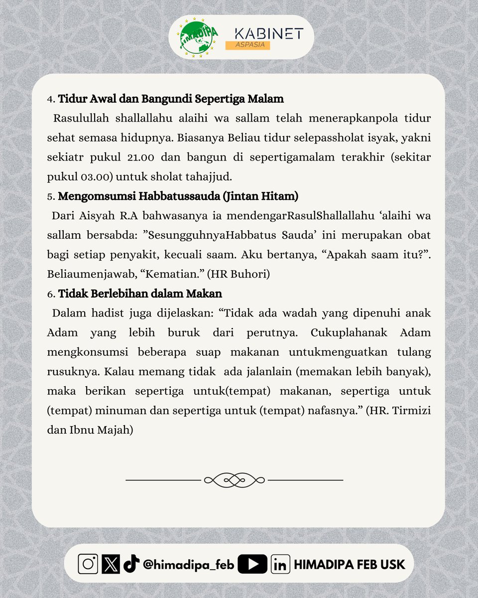 Himadipa_FEB's tweet photo. [ICE Vol.51]
Berikut Islamic Content Education (ICE), mengenai “Pola Hidup Sehat Ala Rasulullah”
Semoga bermanfaat 🙌🏻

#IslamicContentEducation #KabinetAspasia #HIMADIPAFEBUSK https://t.co/6LowMD0xlq