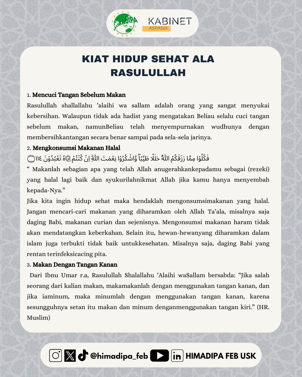 Himadipa_FEB's tweet photo. [ICE Vol.51]
Berikut Islamic Content Education (ICE), mengenai “Pola Hidup Sehat Ala Rasulullah”
Semoga bermanfaat 🙌🏻

#IslamicContentEducation #KabinetAspasia #HIMADIPAFEBUSK https://t.co/6LowMD0xlq