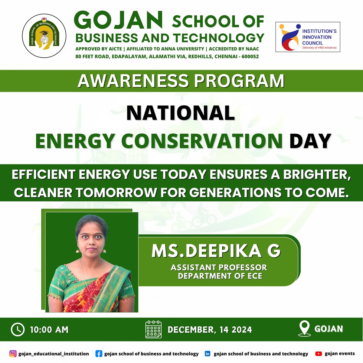 GojanInstitutio's tweet photo. Energy Conservation Awareess programm is going to conduct by focusing on the critical importance of energy conservation. Her presentation will illuminate the profound impact of efficient energy use on our future. #CleanEnergy #Awareness #collegestudents #EnergyEfficiency https://t.co/vLHBfOjGIq