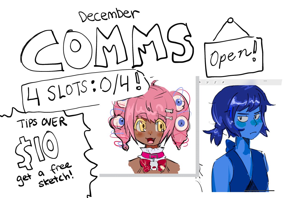 B00sting ! I have 4 slots of comms OPEN! please check out my strawpage for pricing (AUD) and info! and maybe send a gimmick..

(for december ONLY, all ko-fi tips over $10 will get a free sketch of any character you'd like! ) 

https://t.co/jtHRDeZ5Gm 