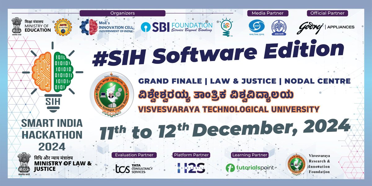 VTU_VRIF's tweet photo. π’ The countdown begins!
Get ready to witness unparalleled innovation at the #SIH2024 Software Edition Grand Finale hosted by Visvesvaraya Technological University, Belagavi. π
Dates: 11th-12th December 2024
π Nodal Centre: Ministry of Law & Justice
#VTU #VRiF https://t.co/PVhtcLvQiT