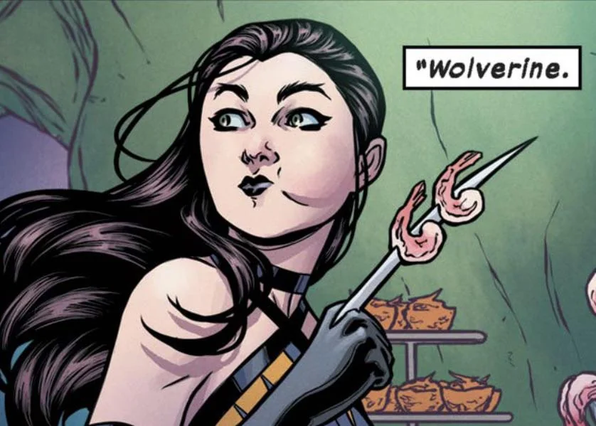 stabbing through a few shrimp with her claw, munching.