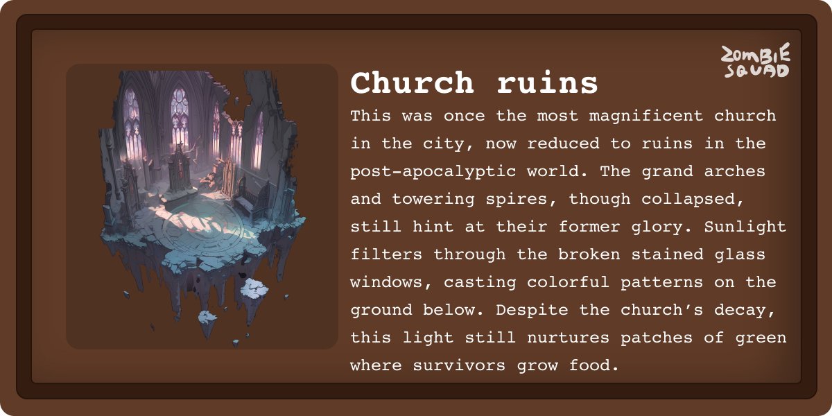 Once a grand church, now ruins. Broken stained glass casts colorful light, nurturing green patches where survivors grow food. 🌅🌱

#zombiesquad #telegram #AI #gaming