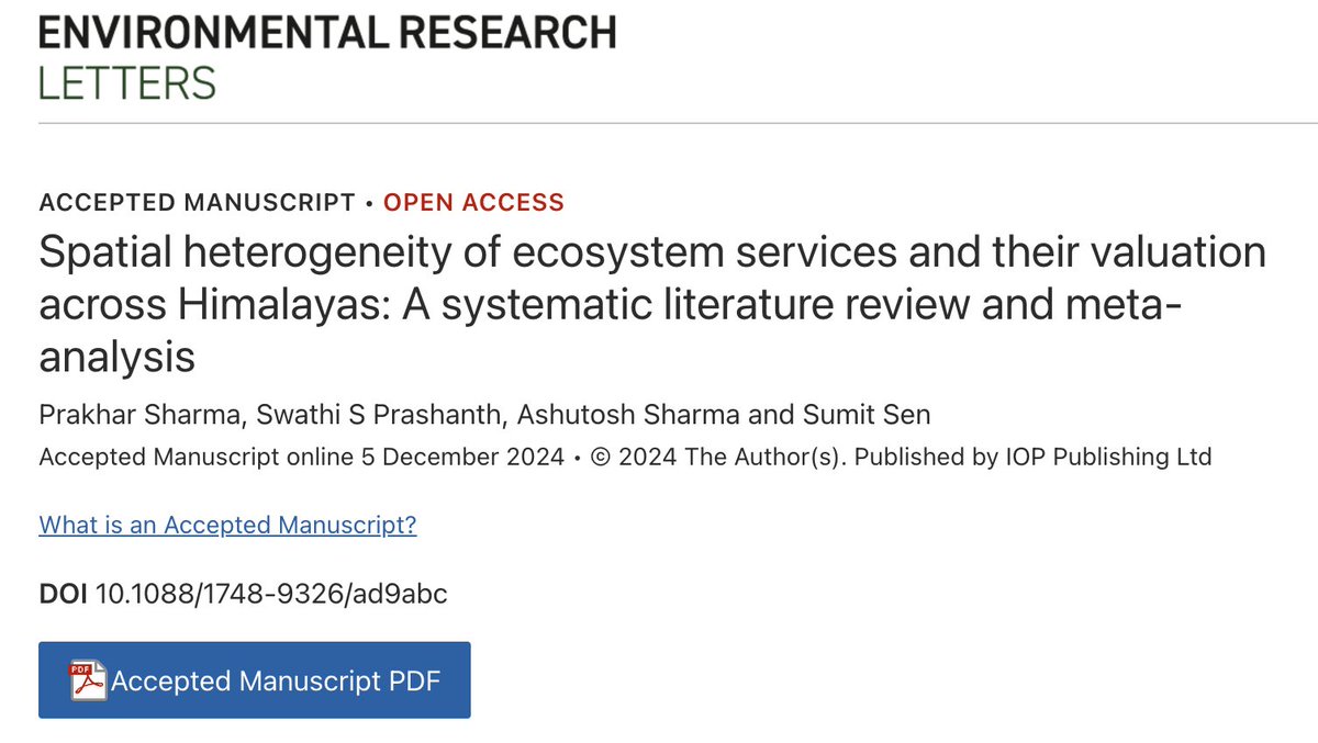 Dr. Ashutosh Sharma (@ashutoshhydro) on Twitter photo #NewPublication Discover how diverse ecosystem services vary across the Himalayan region and their economic significance through a comprehensive review and meta-analysis. Under <a href="/APNGCR/">Asia-Pacific Network for Global Change Research</a> #REFRESH project.
iopscience.iop.org/article/10.108…
<a href="/iitroorkee/">IIT Roorkee</a> <a href="/hydrology_IITR/">Hydrology Department, IIT Roorkee</a> <a href="/SUMITSE14587600/">SUMIT SEN</a> #NewPublication Discover how diverse ecosystem services vary across the Himalayan region and their economic significance through a comprehensive review and meta-analysis. Under <a href="/APNGCR/">Asia-Pacific Network for Global Change Research</a> #REFRESH project.
iopscience.iop.org/article/10.108…
<a href="/iitroorkee/">IIT Roorkee</a> <a href="/hydrology_IITR/">Hydrology Department, IIT Roorkee</a> <a href="/SUMITSE14587600/">SUMIT SEN</a>