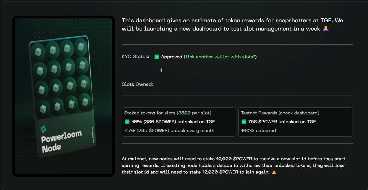 kuangshenbtc's tweet image. PowerloomHQ代币分配查看：…apshotter-dashboard.powerloom.network/drop

测试为代币100%解锁，全部应该是800个，我节点断了几天，问题不大，节点自身3800个代币，首次解锁10%，剩下每月解锁7.5%

很难说是亏是赚，毕竟还没上市