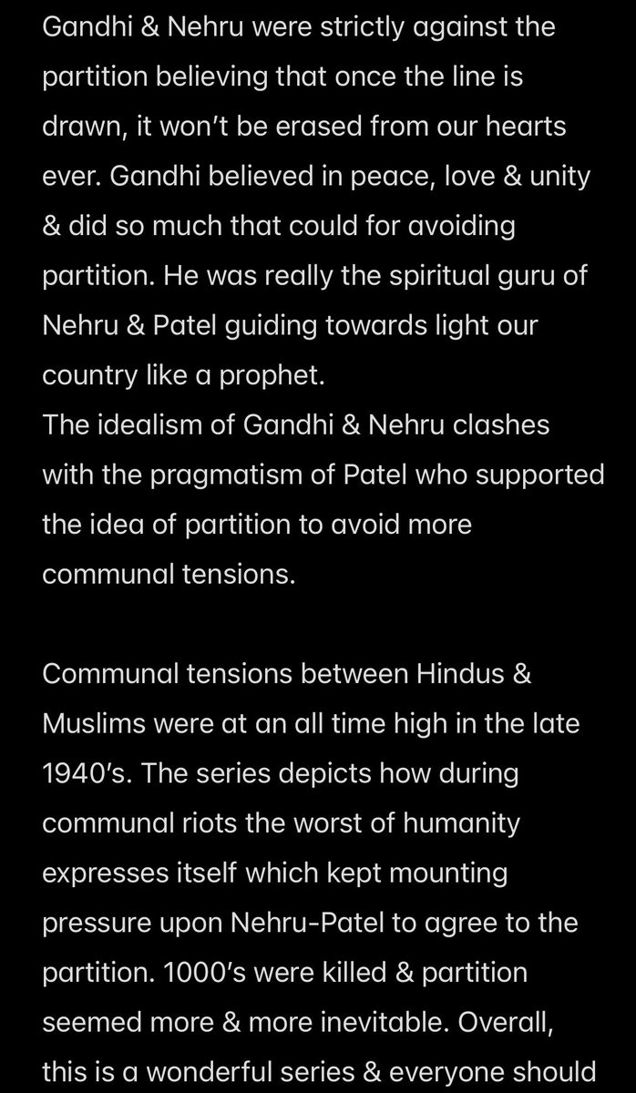 My review of Freedom at Midnight :

One of the most wonderful shows I have seen which depicts the struggle of India-Pakistan partition,

showcases the clash of Gandhi-Nehru’s idealism VS the pragmatism of Patel,

and how communal riots led to the inevitable partition.😔