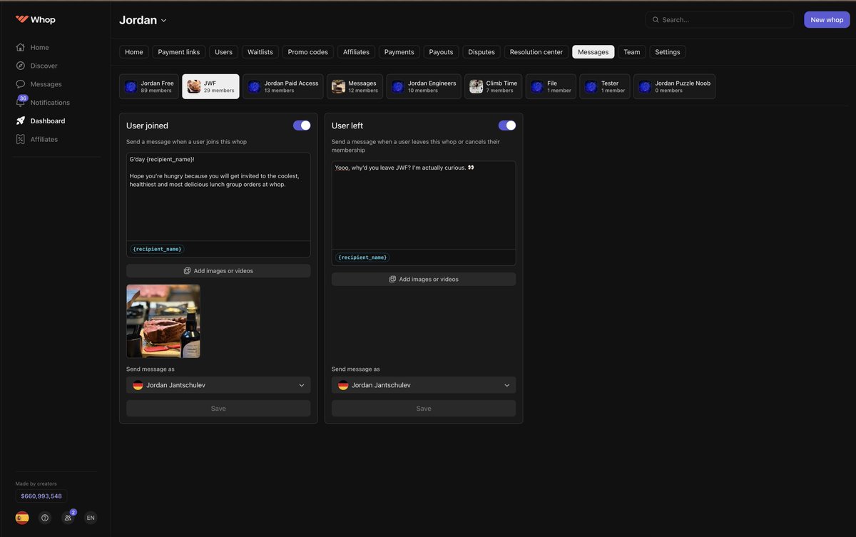 Delmo_dev's tweet image. New Whop feature: automated DMs.

When a user joins your whop, it sends them a welcome message.

When someone cancels, it sends them a short text to try to collect feedback.

You can customize every part of it.