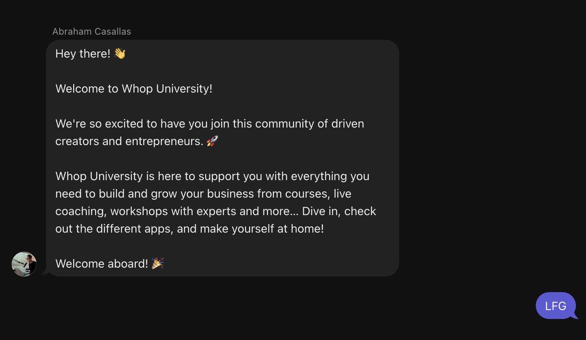 Delmo_dev's tweet image. New Whop feature: automated DMs.

When a user joins your whop, it sends them a welcome message.

When someone cancels, it sends them a short text to try to collect feedback.

You can customize every part of it.