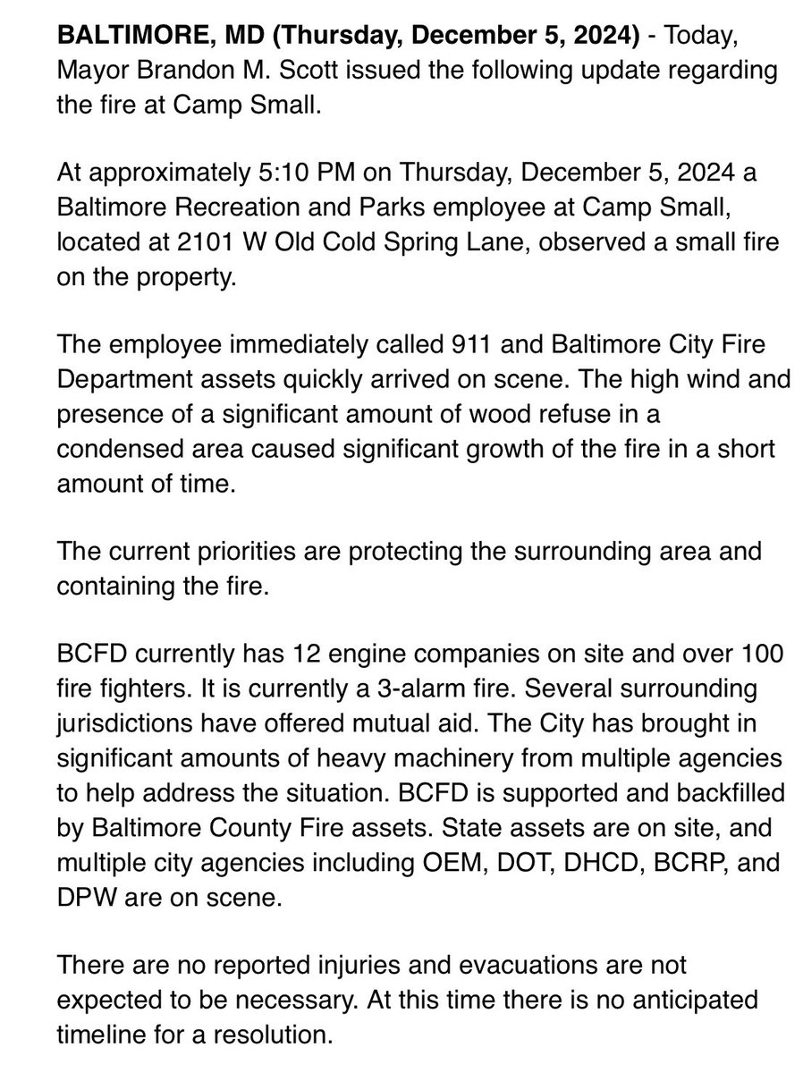 HellgrenWJZ's tweet photo. Mayor’s news release on Camp Small fire including information on closures ⬇️ @wjz #baltimore #fire #campsmall https://t.co/ng3j76brZy