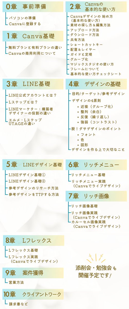 aineruchiko's tweet photo. 【Brain販売開始】

デザイン初心者さん向け
🔰LINEデザインスタート講座
Brain（ @BrainMarketCom  ）にてリリースしました🧡

なんと今日から3日間限定で
正規価格から50%以上OFF！
19,800円にて販売中！
（段階的に値上げ予定）

こちらから買えます✨
https://t.co/w24dsWwJmL

カリキュラムはこちら☟

※第7章以降は、随時公開していきます。
※回答フォームのカリキュラムはありません

今日からお申し込み開始のLINEデザイナー養成講座7期との違いはこちらに簡単にまとめてみました

LINEデザイナー養成講座7期説明会を兼ねたセミナーは
まだまだ申し込み受付中！

リプ欄からお申し込み下さい✨