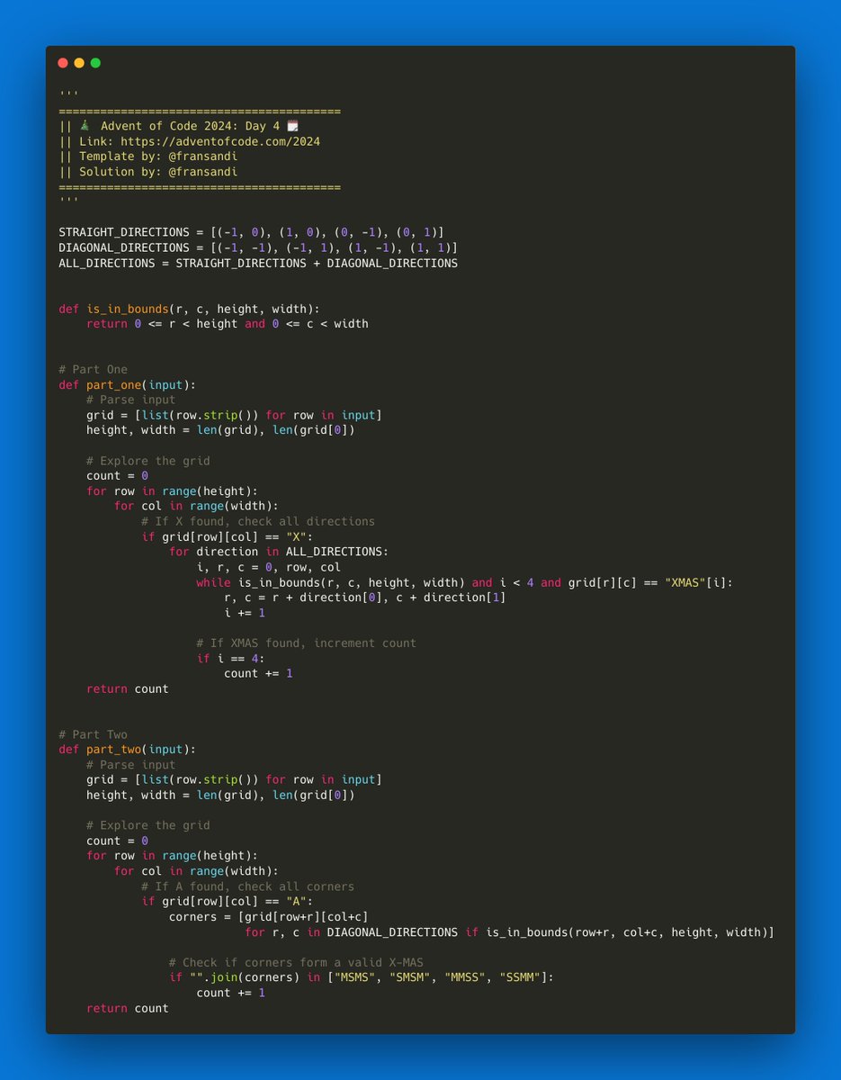 fransandi7's tweet photo. I've completed "Ceres Search" - Day 4 - Advent of Code 2024 https://t.co/VVadW8UCY1 #AdventOfCode https://t.co/EcstSv3HT1