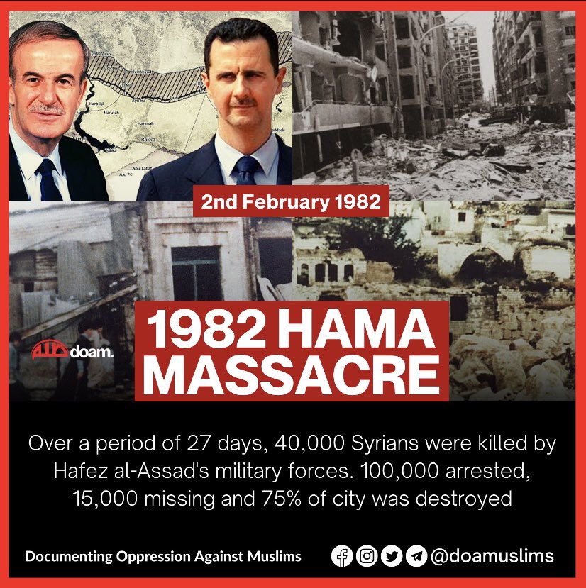 ayhan_karahan's tweet photo. Hafız Esed’in ordusu 1982 yılında Suriye Hama’yı kuşatarak yerle bir etti 40 bin  masum insanı katletti, 100 binin üzerinde insanı tutukladı akıbetleri meçhul oldu. Netanyahu’nun ordusu 426 gündür Gazze’yi işgal ederek yerle bir etti, 50 bin masum insanı katletti binlerce insanı tutukladı akıbetleri meçhul oldu
⚠️Soykırım yapan diktatörlerin vahşi eylemleri hep birbirine benziyor birbirlerini vahşette hiç aratmıyorlar.