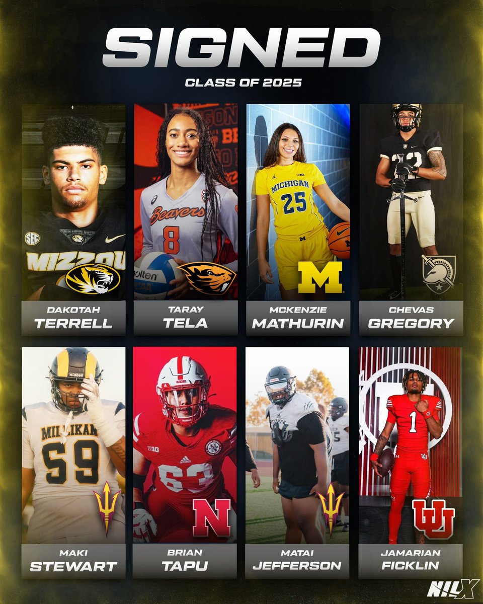FLX Sports (@flxapp_) on Twitter photo 🌟 Eight athletes, Eight dreams realized 🌟 Achieving greatness together @ NILX‼️
Let’s hear it for:
🔗 @Kotah_14 | <a href="/MizzouFootball/">Mizzou Football</a>
🔗 Taray Tela | <a href="/BeaverVBall/">Oregon State Volleyball</a>
🔗 McKenzie Mathurin | <a href="/umichwbball/">Michigan Women’s Basketball</a>
🔗 <a href="/Chevas_Gregory/">Chevas Gregory Jr.</a> | <a href="/ArmyWP_Football/">Army Football</a>
🔗 <a href="/MakiStewart3/">Maki Stewart, OL</a> | <a href="/ASUFootball/">Sun Devil Football</a>
🔗 🌟 Eight athletes, Eight dreams realized 🌟 Achieving greatness together @ NILX‼️
Let’s hear it for:
🔗 @Kotah_14 | <a href="/MizzouFootball/">Mizzou Football</a>
🔗 Taray Tela | <a href="/BeaverVBall/">Oregon State Volleyball</a>
🔗 McKenzie Mathurin | <a href="/umichwbball/">Michigan Women’s Basketball</a>
🔗 <a href="/Chevas_Gregory/">Chevas Gregory Jr.</a> | <a href="/ArmyWP_Football/">Army Football</a>
🔗 <a href="/MakiStewart3/">Maki Stewart, OL</a> | <a href="/ASUFootball/">Sun Devil Football</a>
🔗