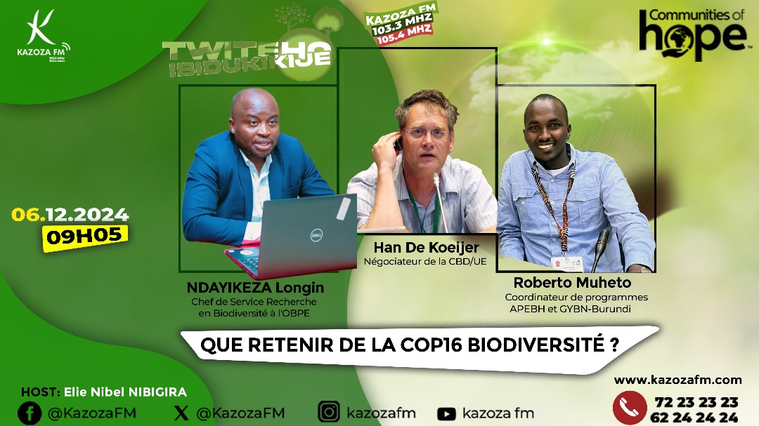 apebh257's tweet photo. Soyez à l'Ecoute ce matin dans l'Emission apebh Burundi va vous partager sur sa participation à la COP16 Biodiversité de 9h-9h55 sur @KazozaFM https://t.co/D1vORQ64vX