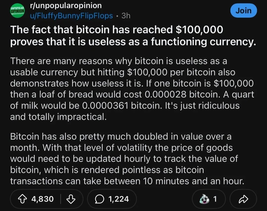"#Bitcoin's price appreciates too quickly, so it's useless"